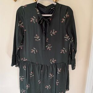 Madewell Dark Green Floral Long-Sleeve Tie-Neck Dress